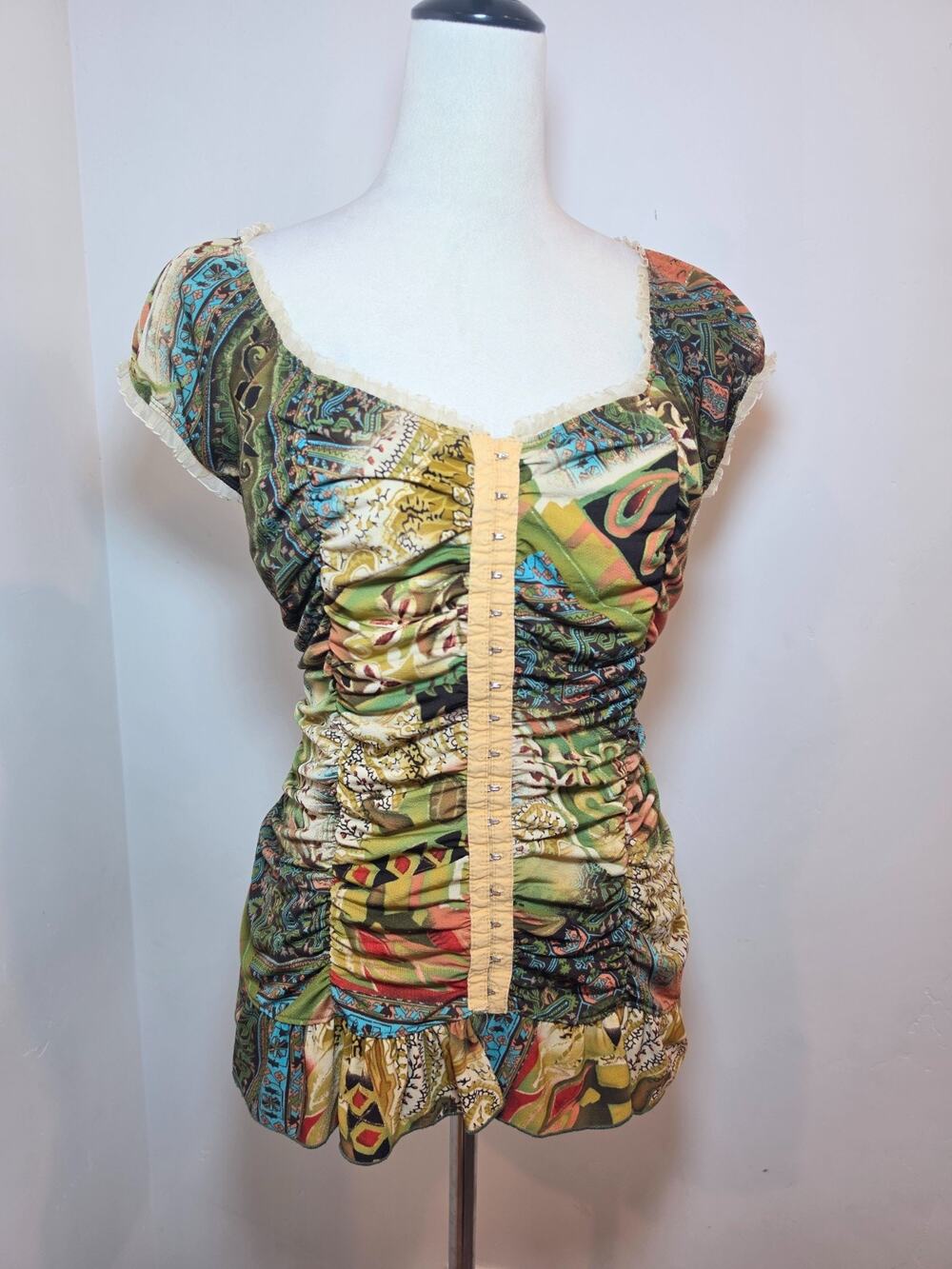 Y2K Vintage Green Mesh Floral Cap Sleeve Babydoll Top 2X Corset Fairy Goblin